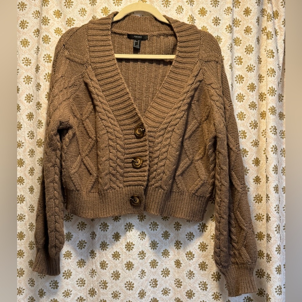 Forever 21 Cropped Brown Cable Knit Cardigan Sweater
